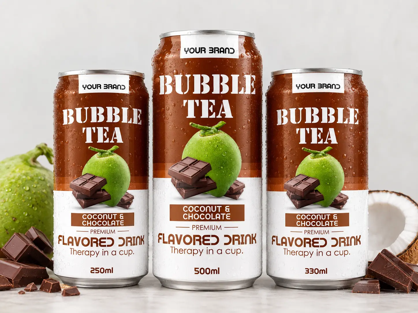 BUBBLE TEA Coconut and Chocolate flavored drink shown in 250ml, 500ml, and 330ml cans.